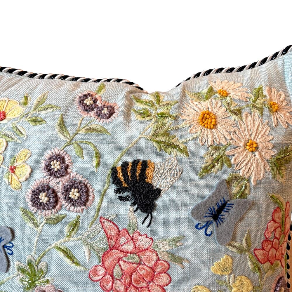 NEW Mackenzie-Childs Floral & Bee Throw Pillow 18x18 Embroidered Spring Decor - Picture 9 of 13